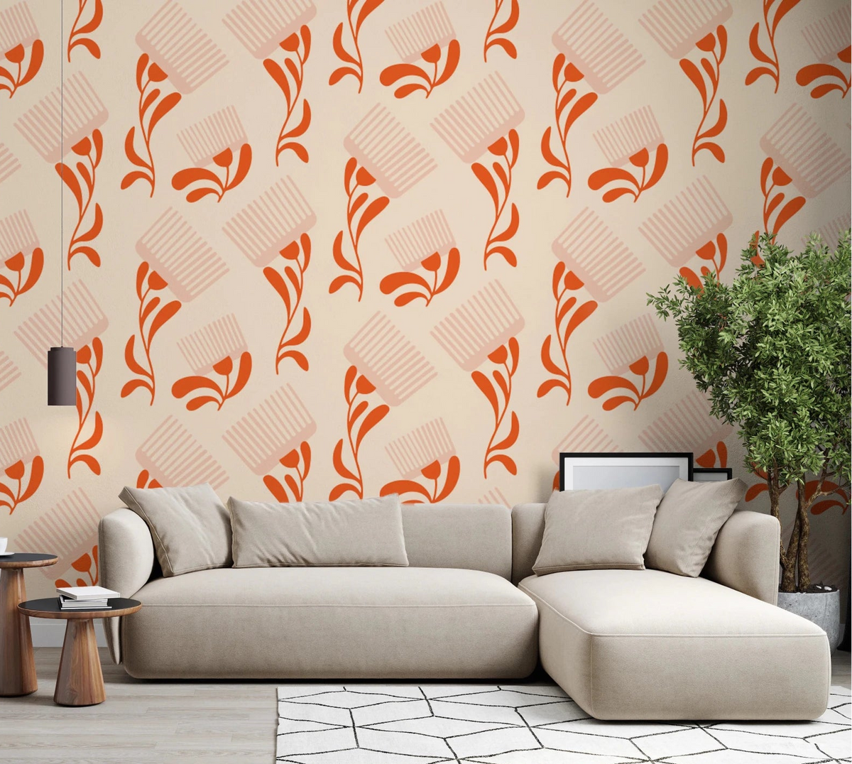 Living room with Mid Mod Wildflower Comb Beige Terracotta Wallpaper, GD8728