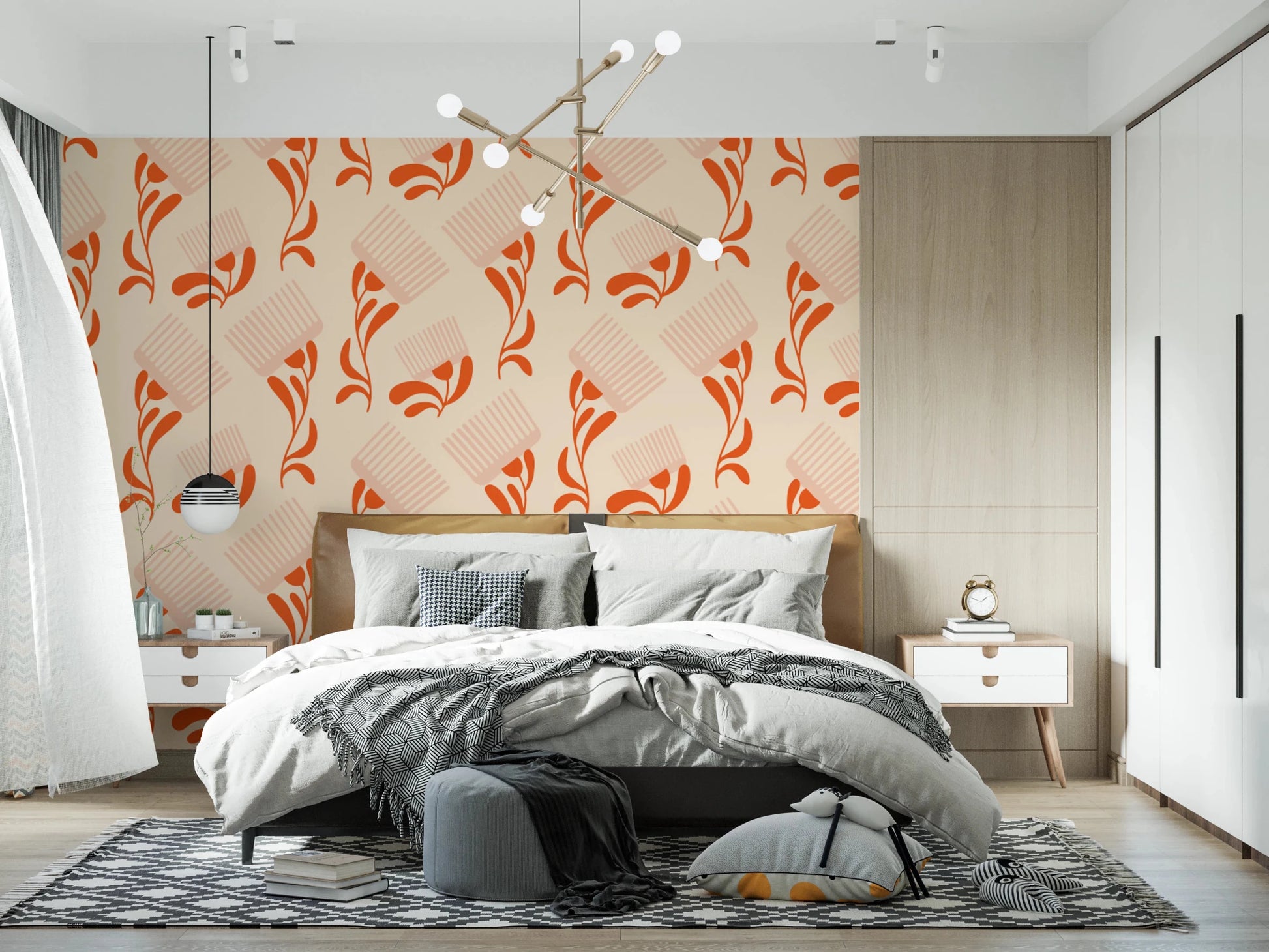 Retro comb wallpaper with terracotta floral curves and soft beige spacing, GD8728