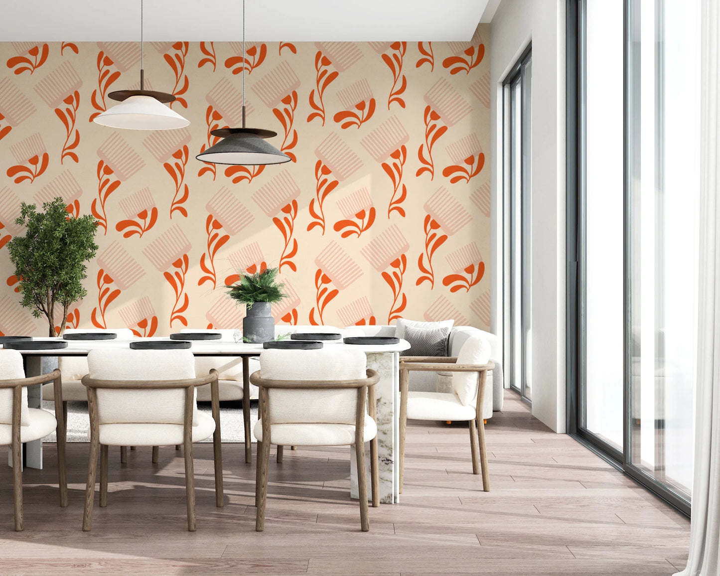 Beige wallpaper with Wildflower Comb layout and retro terracotta detailing, GD8728