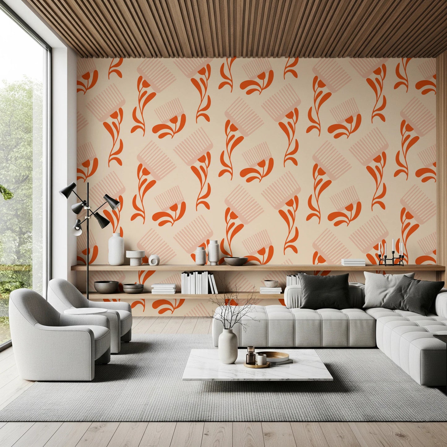 Living rooms featuring Mid Mod Wildflower Comb Beige Terracotta Wallpaper, GD8728