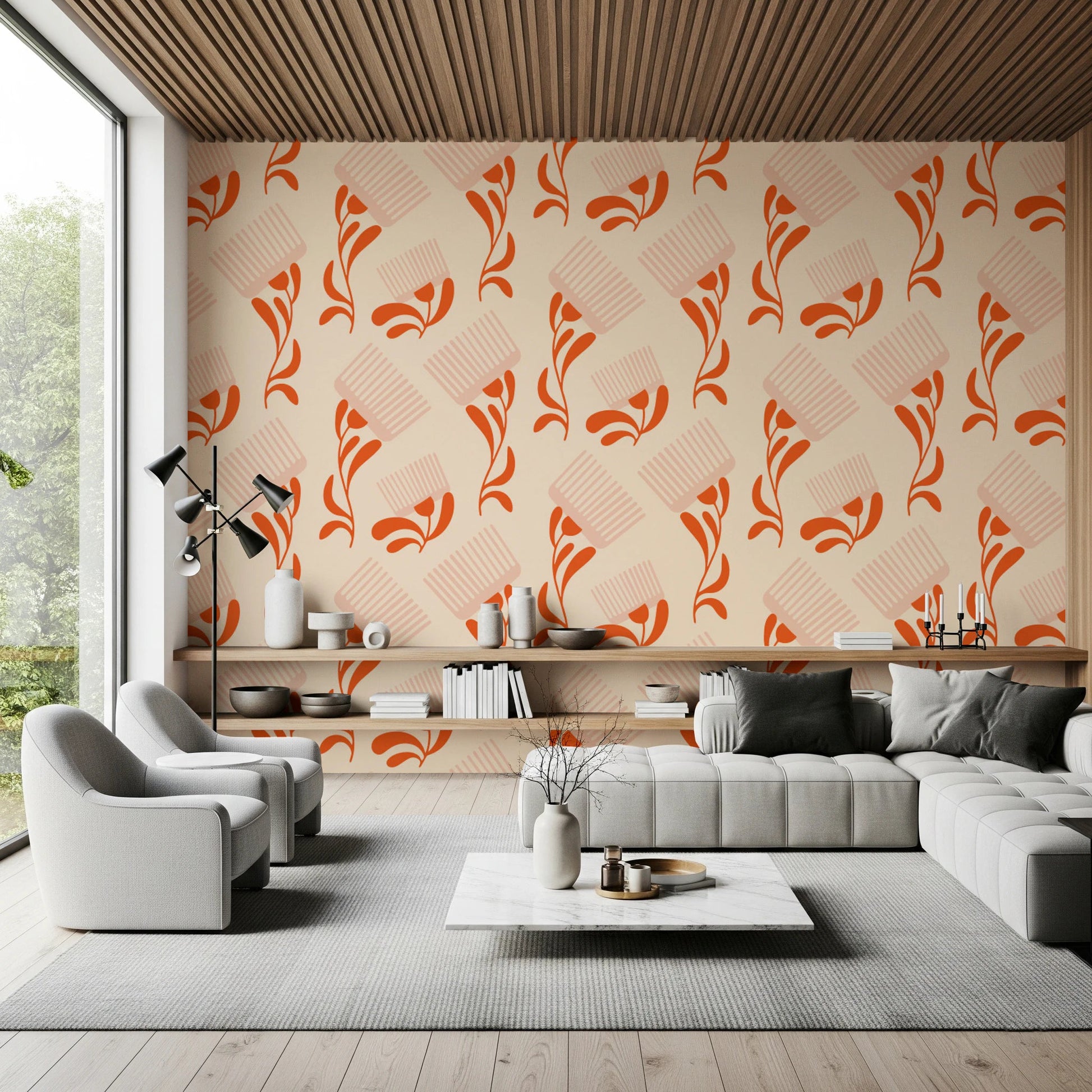 Living rooms featuring Mid Mod Wildflower Comb Beige Terracotta Wallpaper, GD8728