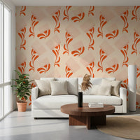 Terracotta botanical wallpaper with pale comb motifs and mid mod rhythm, GD8728