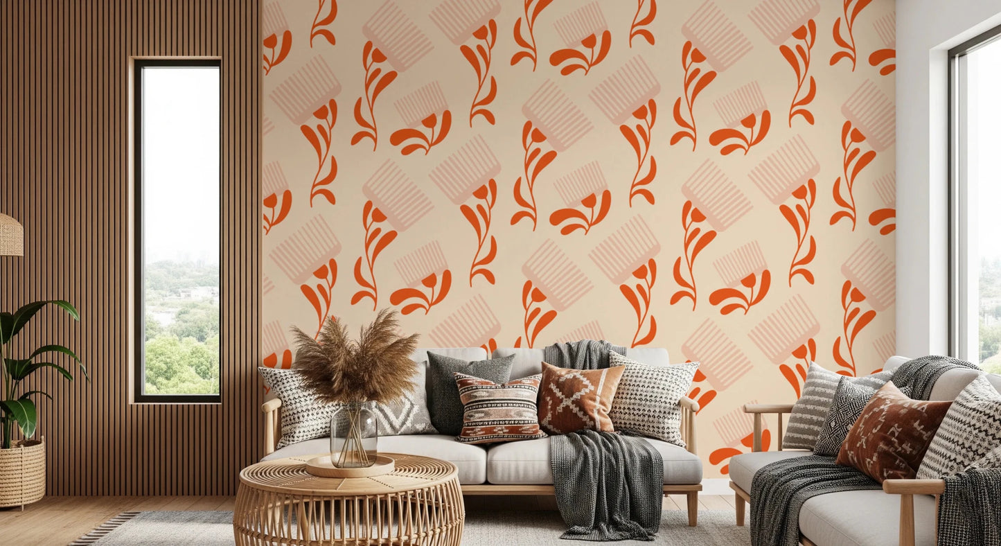 Hallway styled in Mid Mod Wildflower Comb Beige Terracotta Wallpaper, GD8728