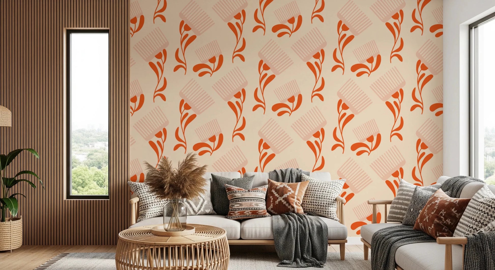 Hallway styled in Mid Mod Wildflower Comb Beige Terracotta Wallpaper, GD8728