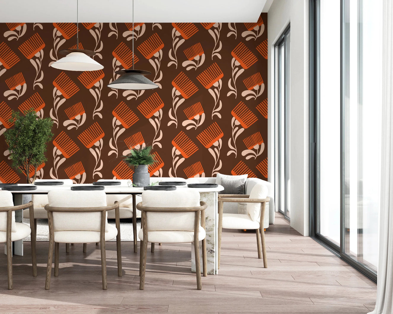 Dining room with Mid Mod Wildflower Comb Chocolate Terracotta Wallpaper