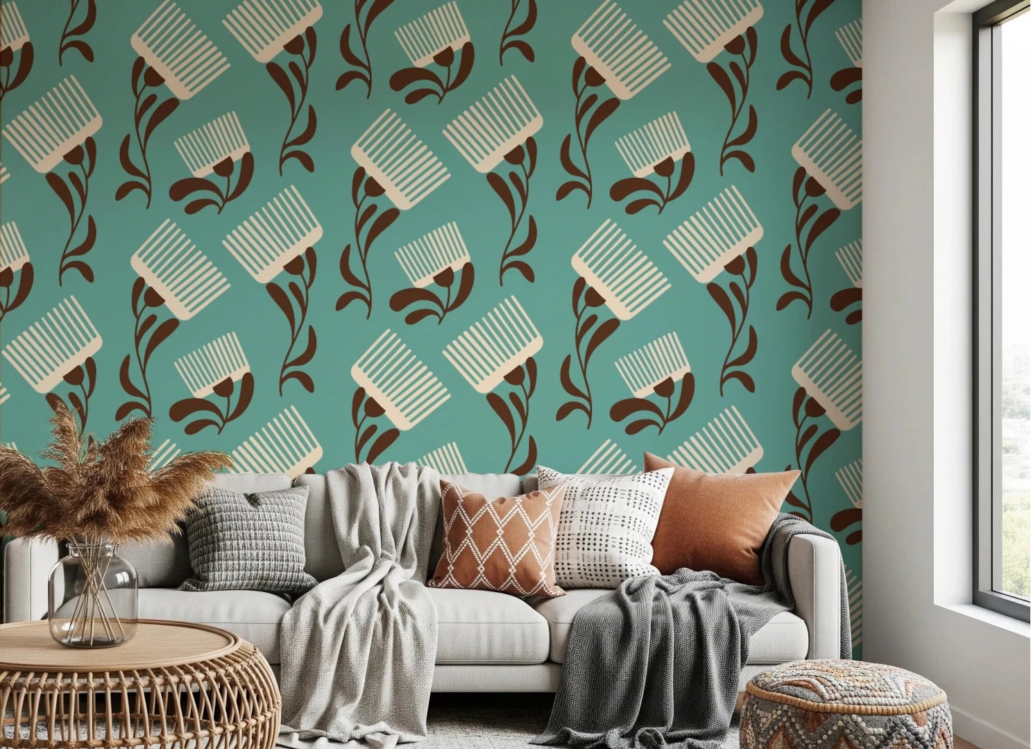 Living room styled with Mid Mod Wildflower Comb Teal Beige Wallpaper, GD8730