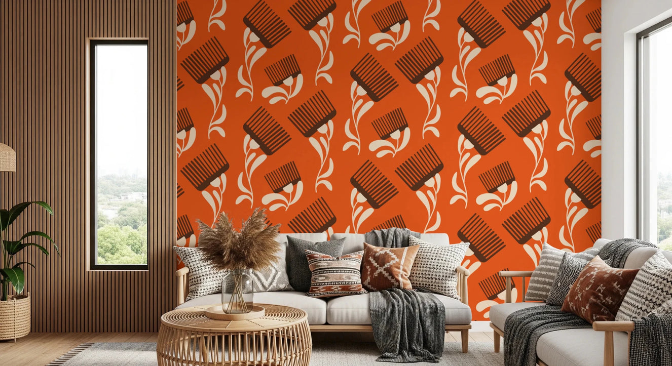 Mid Mod wallpaper in terracotta with Wildflower Comb chocolate motif