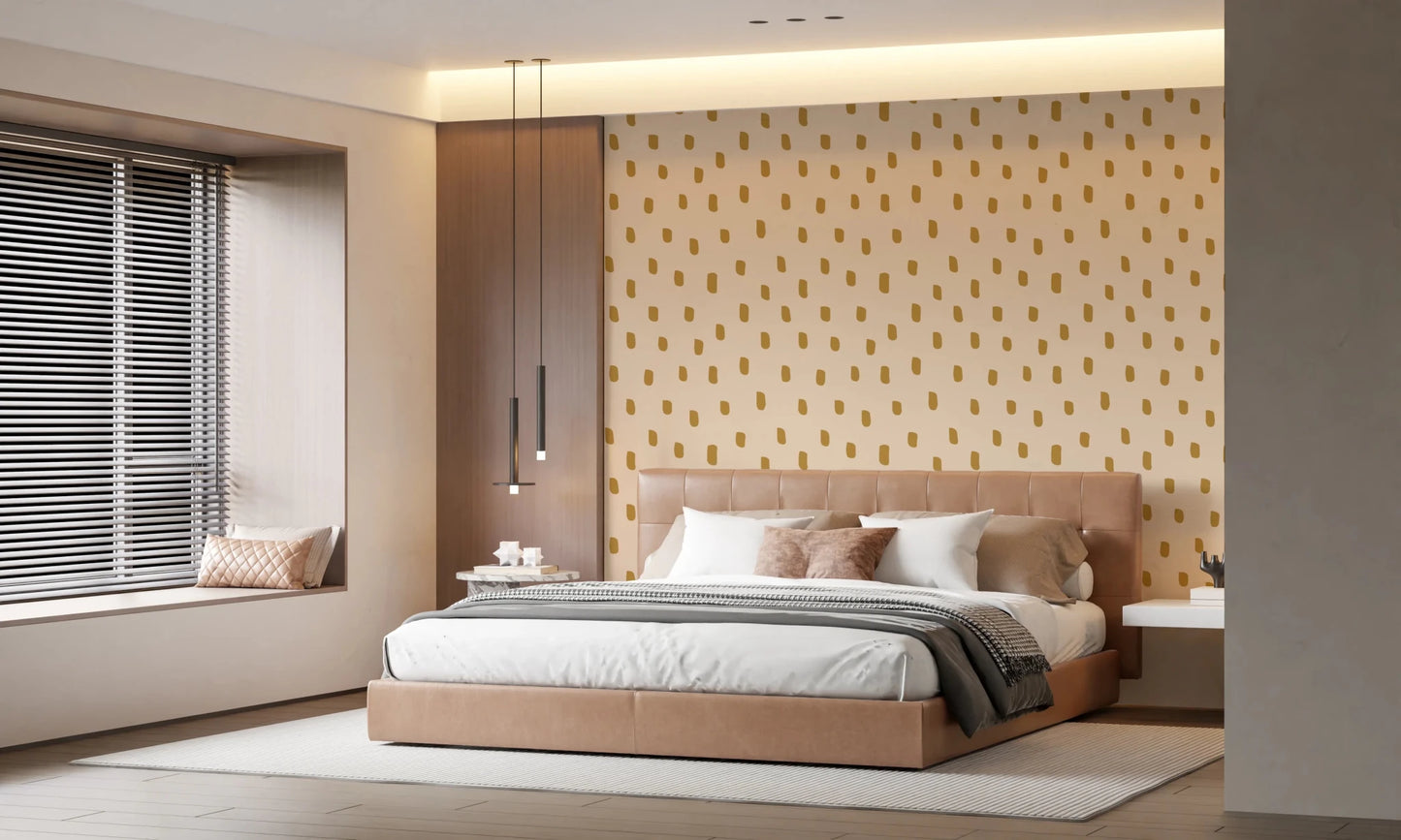 Bedroom styled in Mid Mod Wildflower Dots wallpaper with warm ocher dots