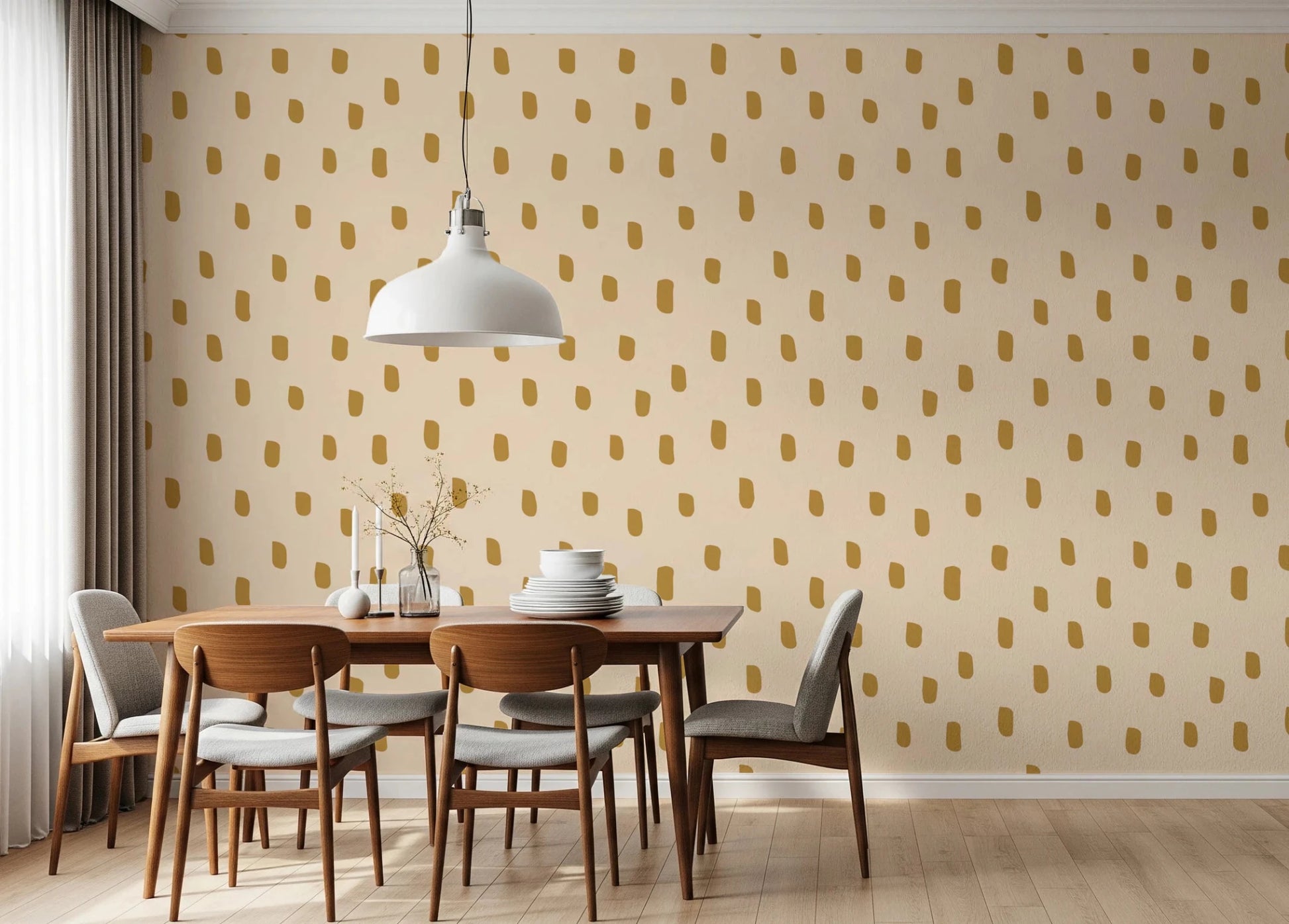 Mid Mod Wildflower wallpaper with spaced ocher forms and airy pattern flow