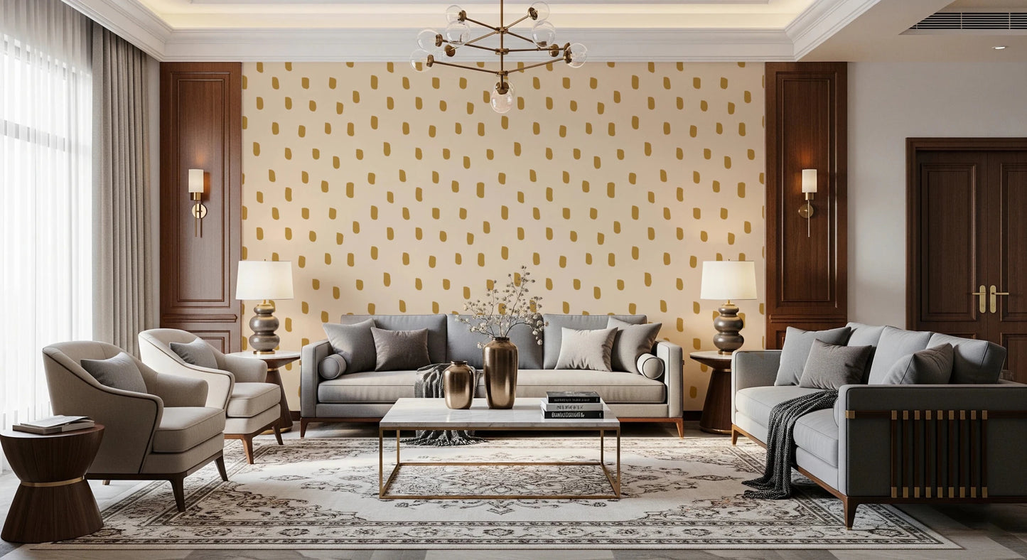 Mid Mod wallpaper showing rounded ocher marks across a light beige ground