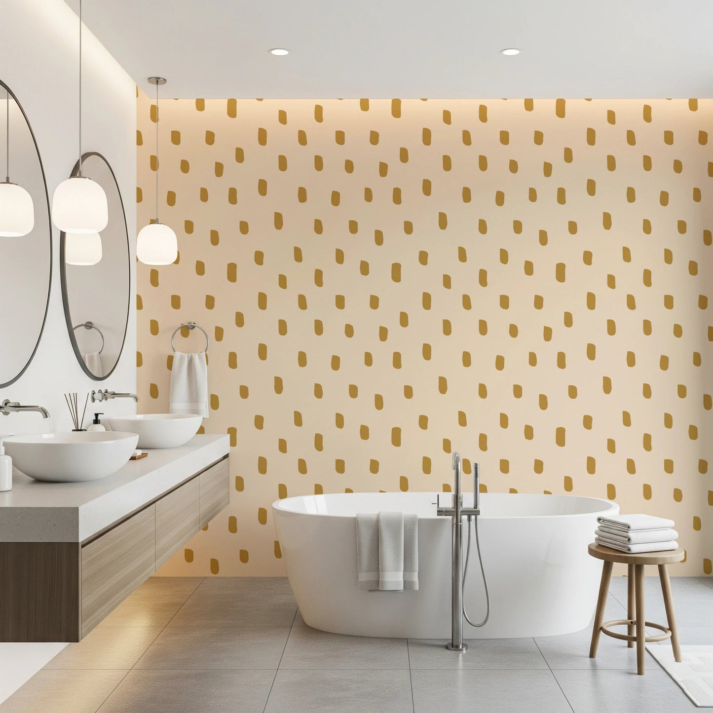 Beige wallpaper with Wildflower Dots in a simple mid-century layout