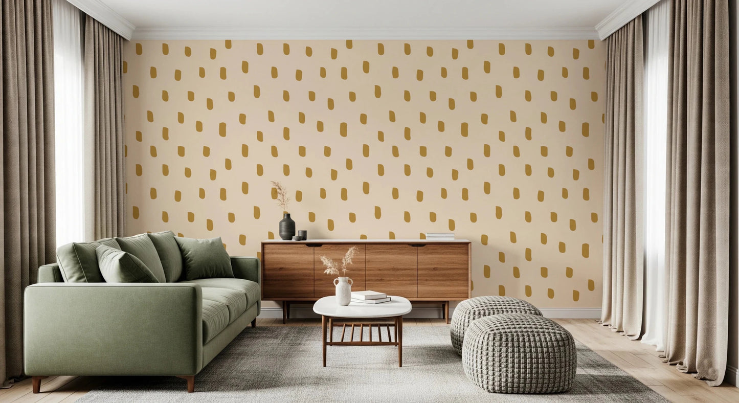 Beige ocher wallpaper with Wildflower Dots in a playful retro repeat