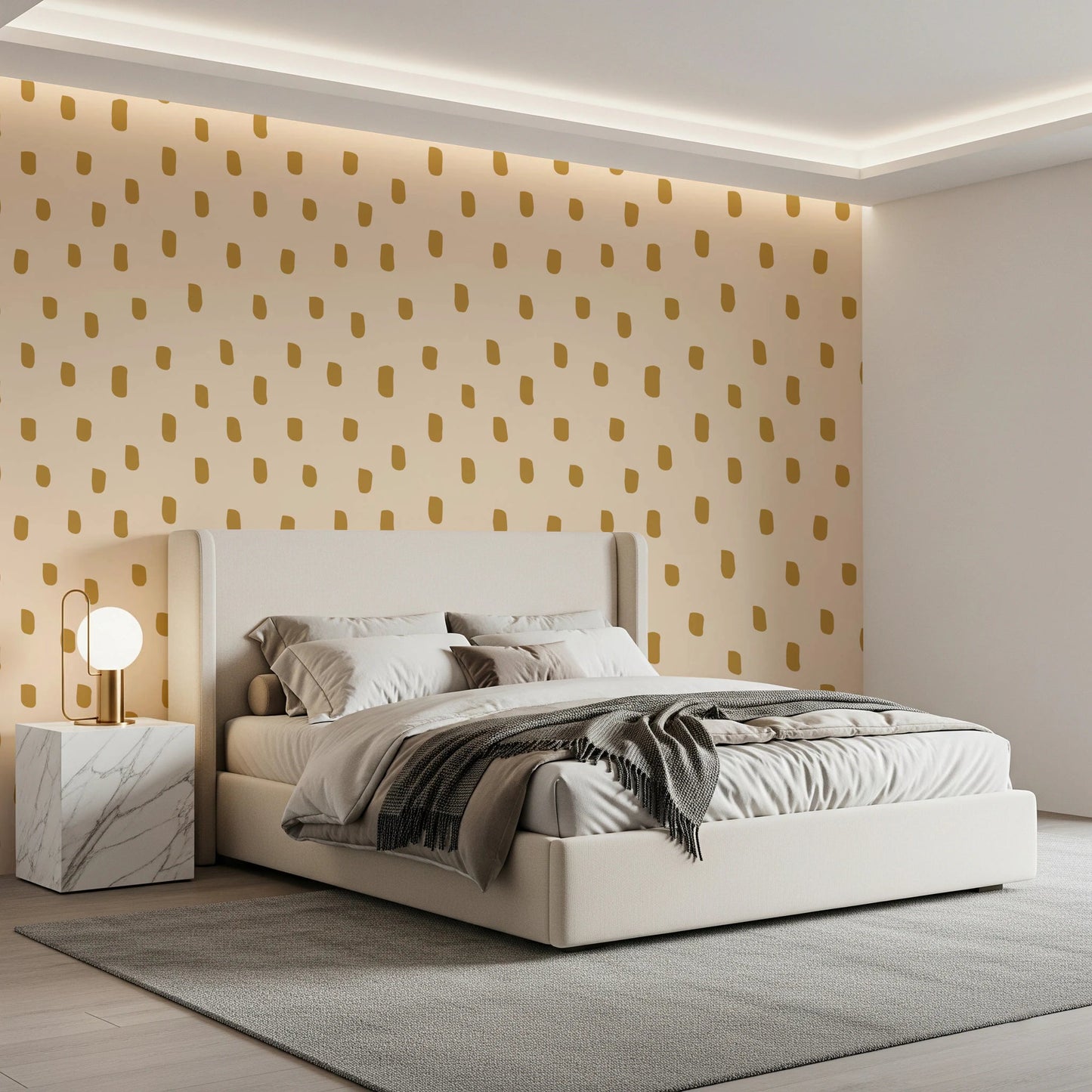 Bedroom with Mid Mod Wildflower Dots wallpaper in soft beige ocher tones