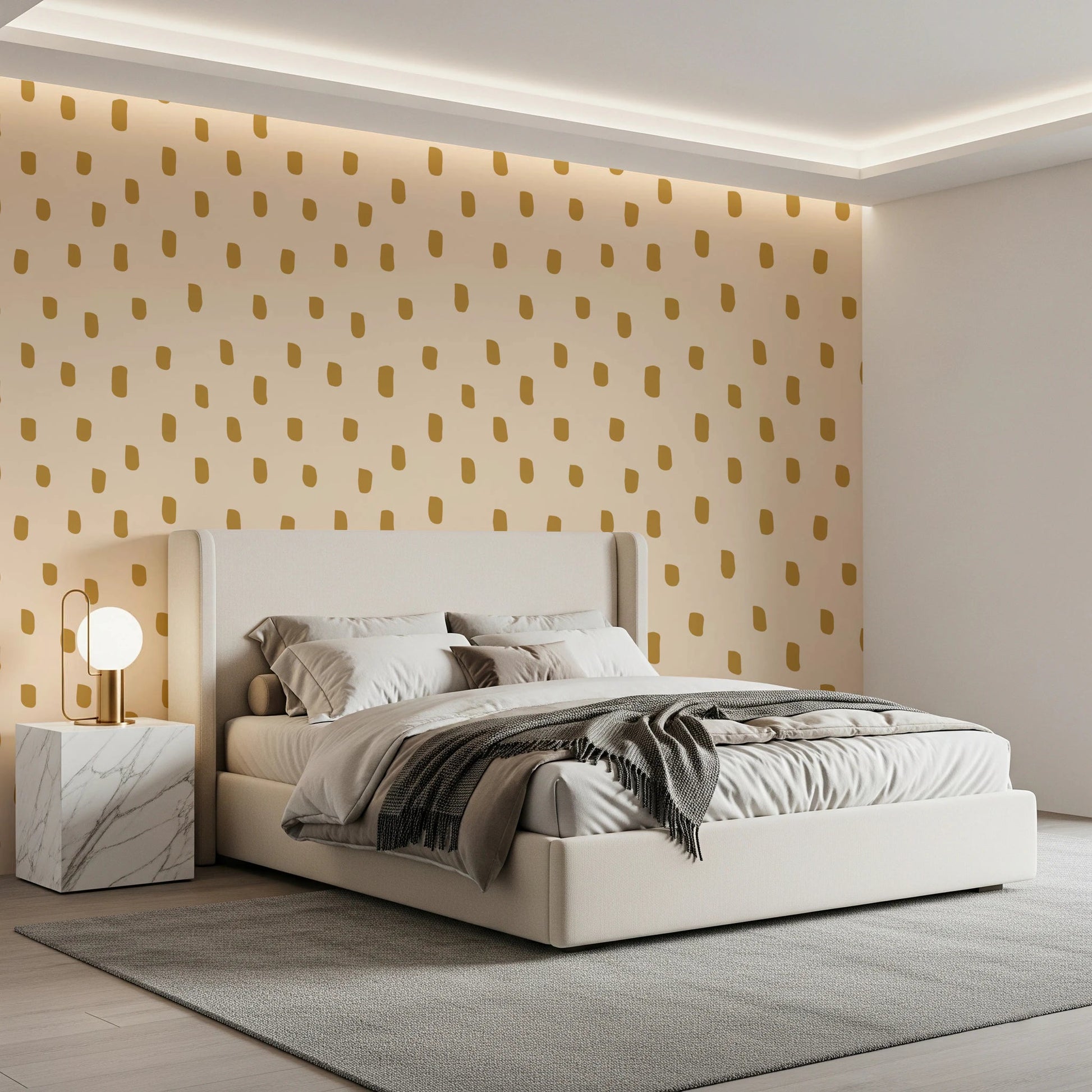 Bedroom with Mid Mod Wildflower Dots wallpaper in soft beige ocher tones