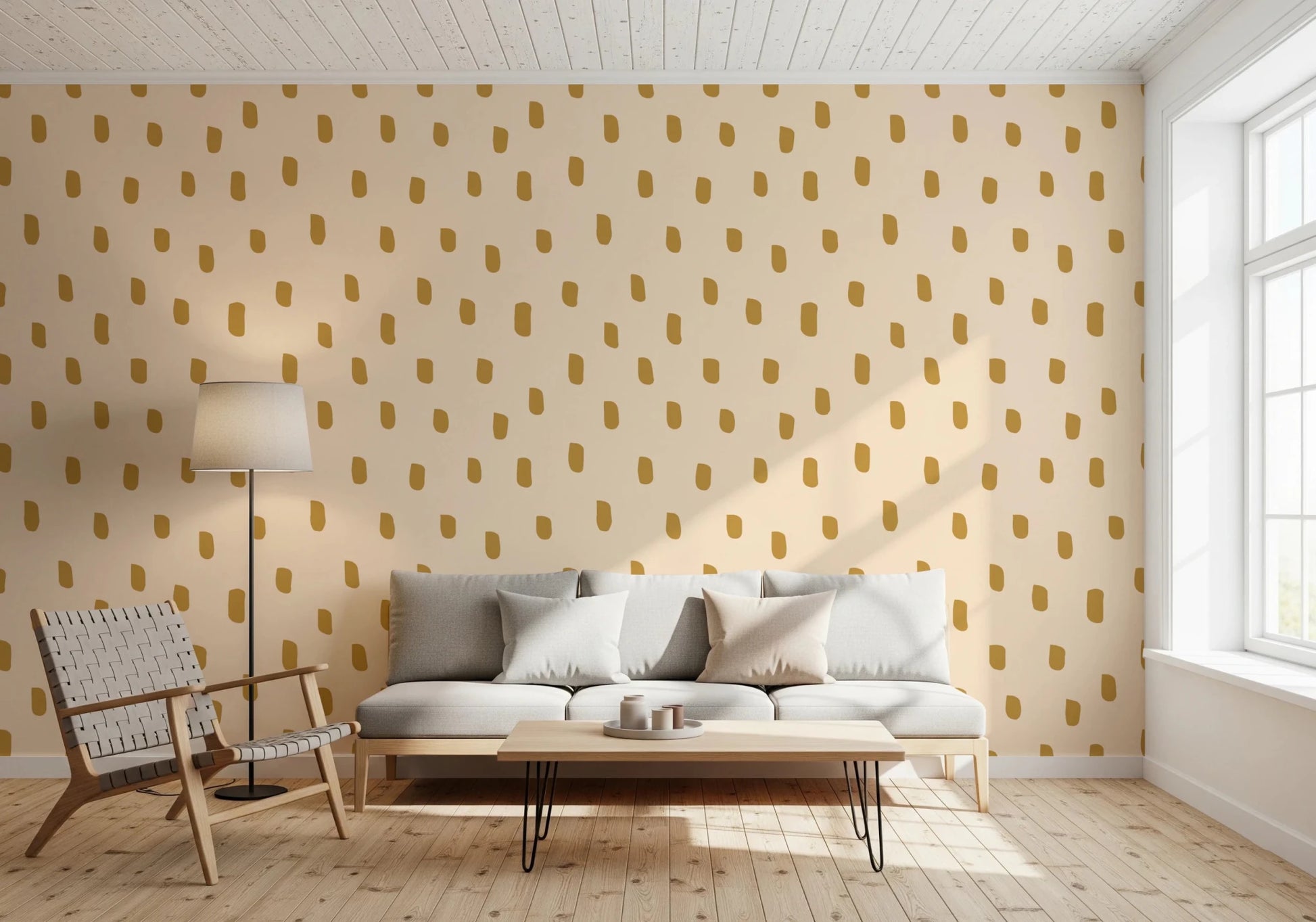 Mid Mod Wildflower Dots wallpaper with ocher shapes on a calm beige base