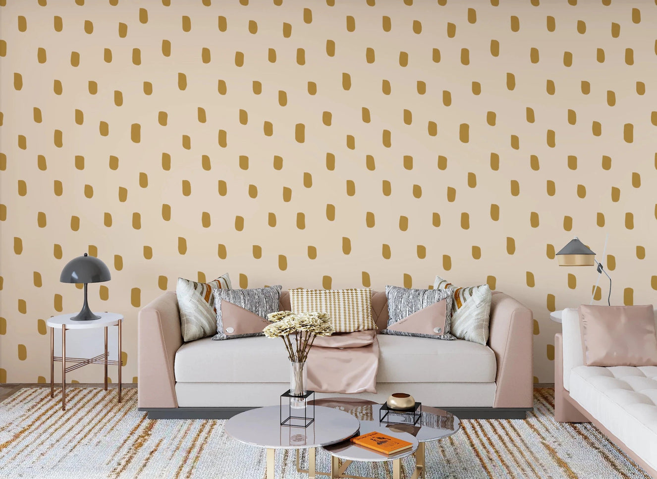 Mid Mod Wildflower Dots wallpaper in a living room with beige ocher pattern