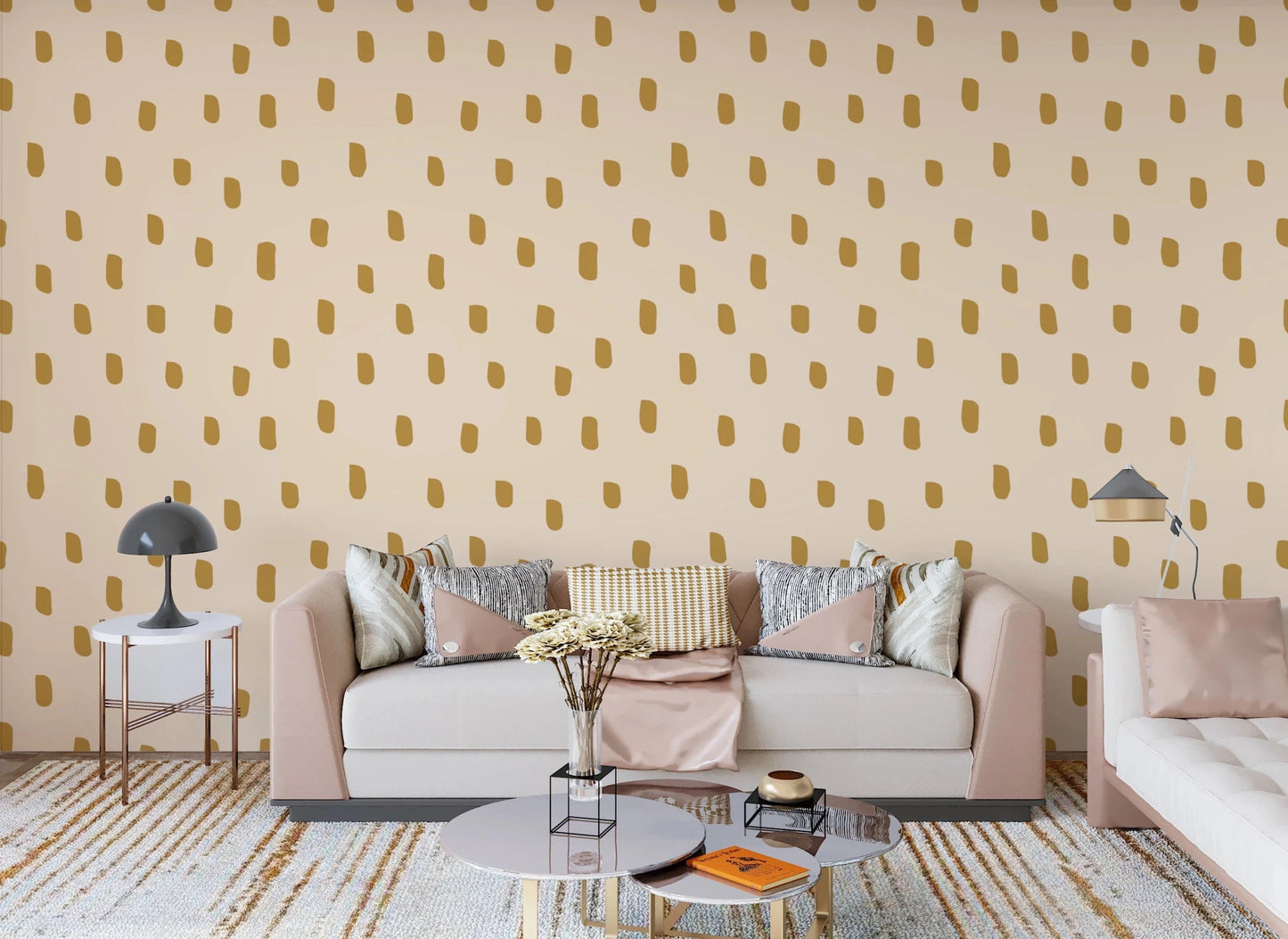 Mid Mod Wildflower Dots wallpaper in a living room with beige ocher pattern