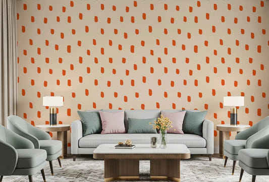 Living room with Mid Mod Wildflower Dots Beige Wallpaper