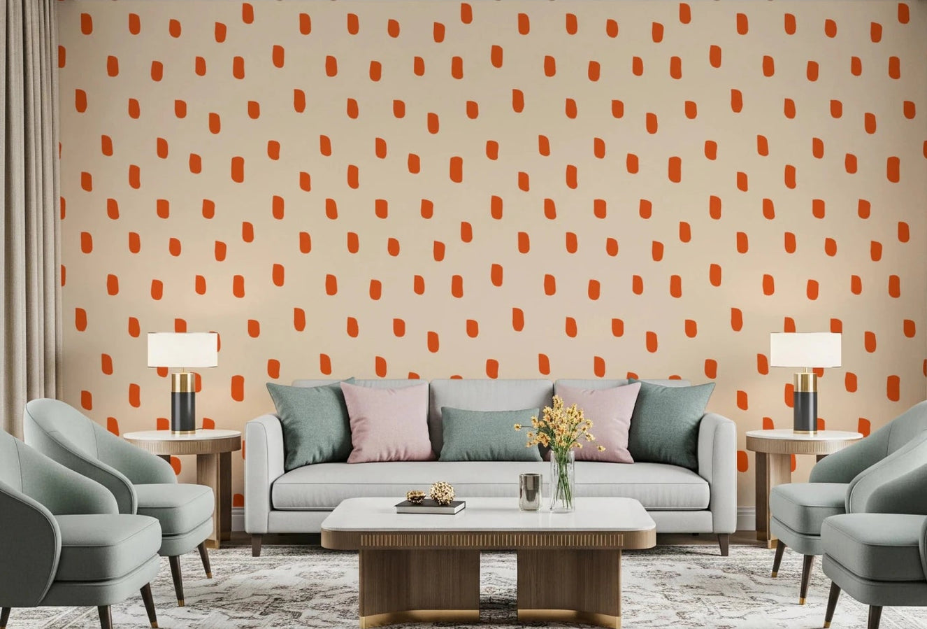 Living room with Mid Mod Wildflower Dots Beige Wallpaper