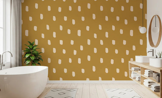 Mid Mod Wildflower Dots wallpaper with beige shapes on an earthy ocher base