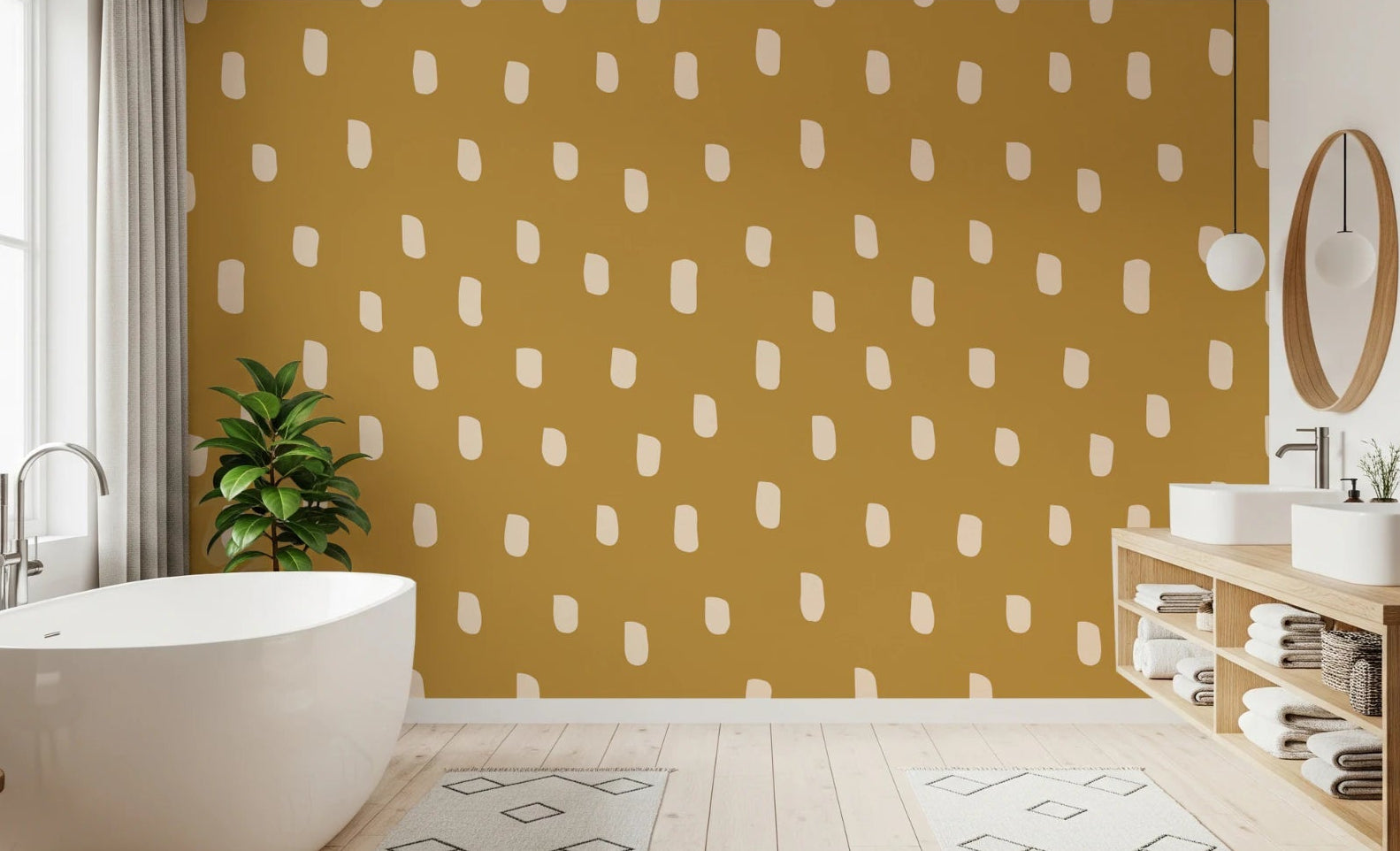 Mid Mod Wildflower Dots wallpaper with beige shapes on an earthy ocher base, GD8717