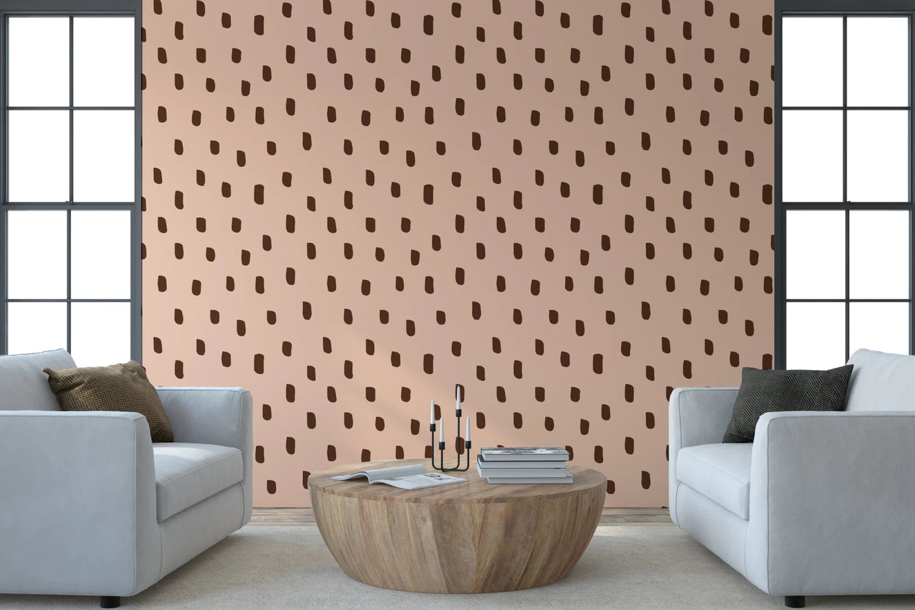 Mid Mod Wildflower Dots wallpaper in a living room with pink brown contrast