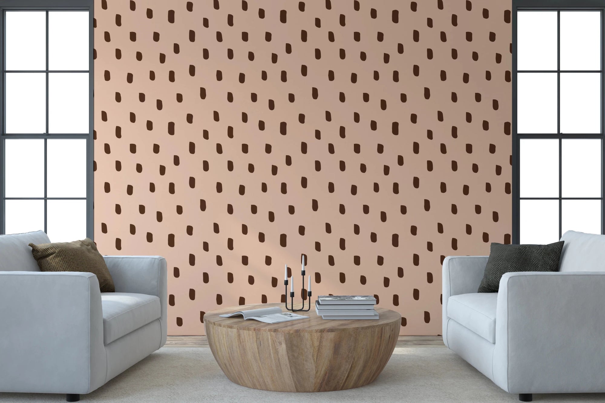 Mid Mod Wildflower Dots wallpaper in a living room with pink brown contrast, GD8718