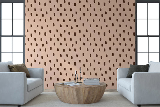 Mid Mod Wildflower Dots wallpaper in a living room with pink brown contrast