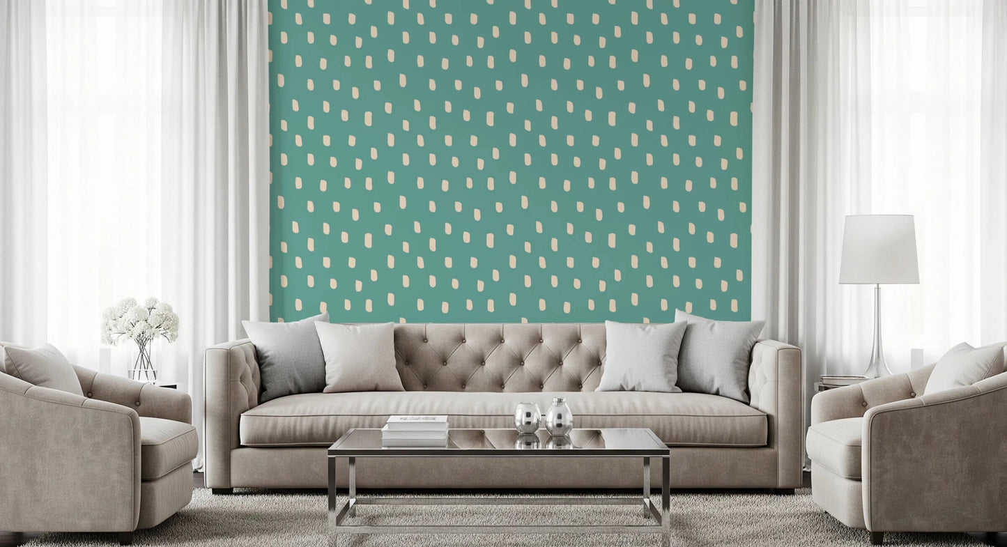Living room wall with Mid Mod Wildflower Dots wallpaper in soft teal tones, GD8719