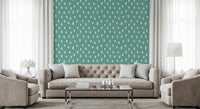 Living room wall with Mid Mod Wildflower Dots wallpaper in soft teal tones, GD8719