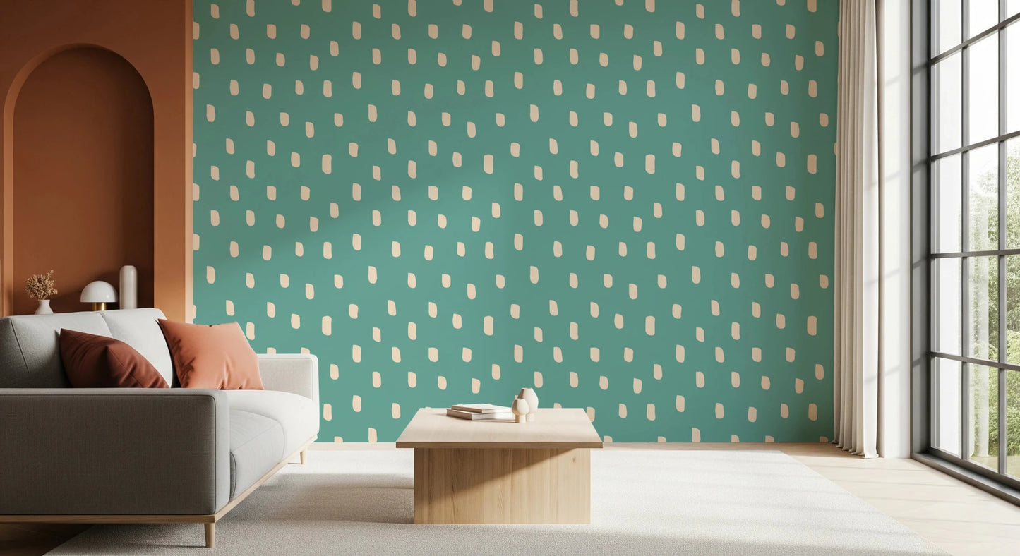 Teal beige Mid Mod Wildflower Dots wallpaper styled in a calm hallway, GD8719