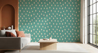 Teal beige Mid Mod Wildflower Dots wallpaper styled in a calm hallway, GD8719