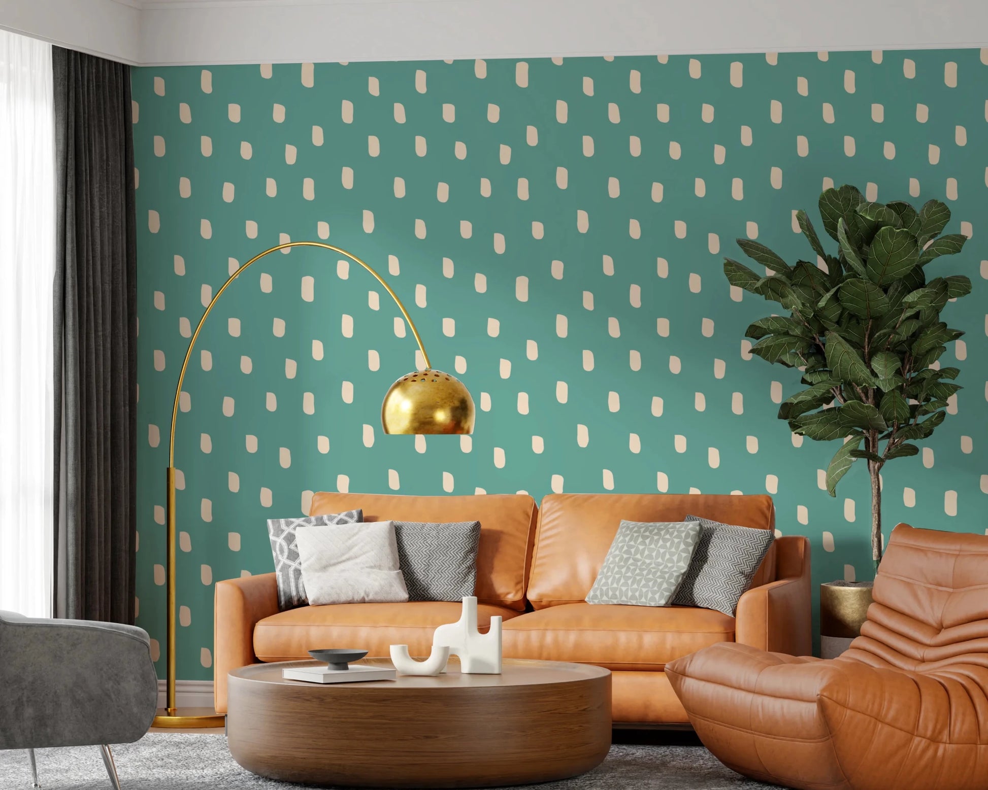 Home office finished with Mid Mod Wildflower Dots wallpaper in beige teal, GD8719