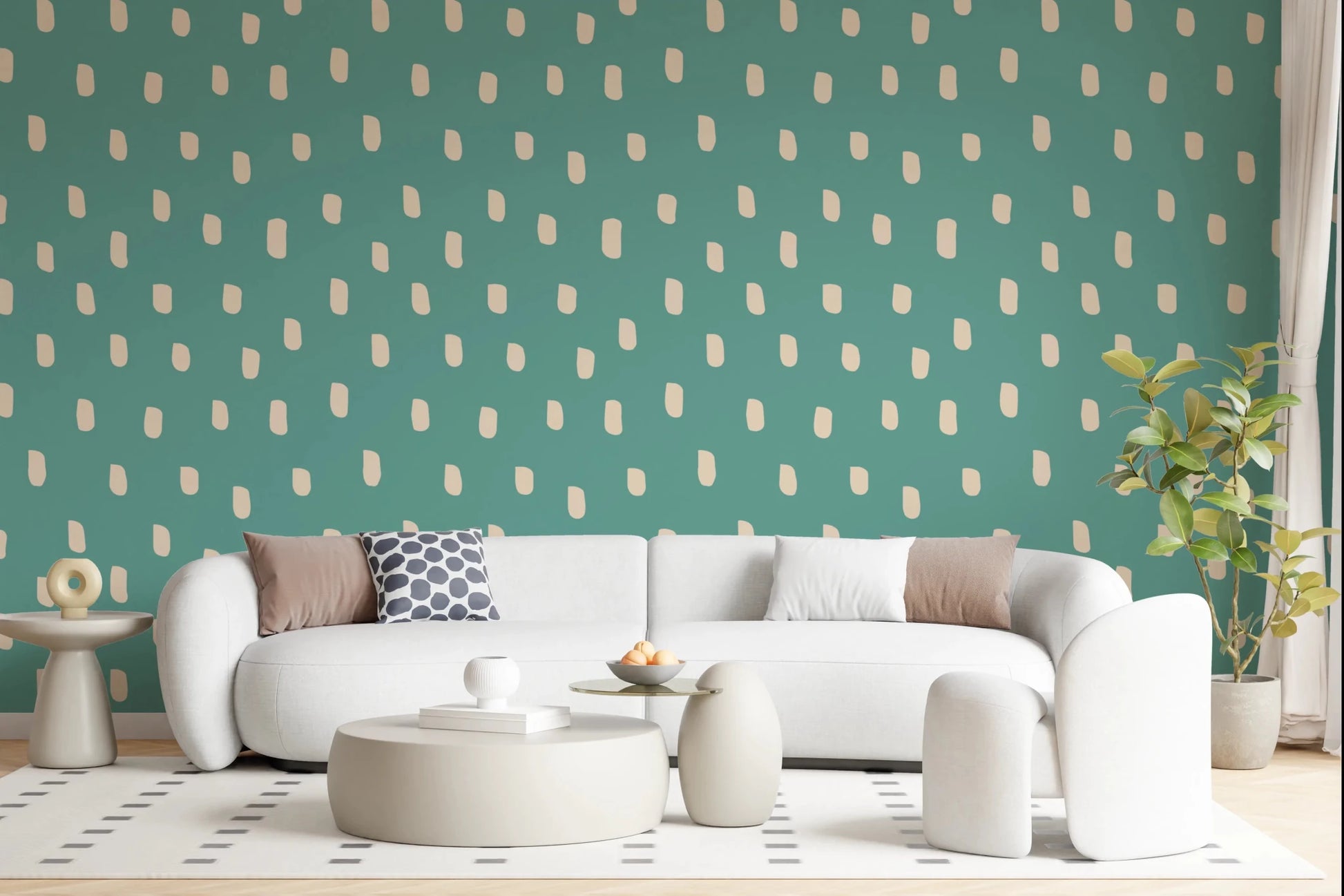 Soft teal wallpaper with beige dot forms in a playful mid mod repeat, GD8719