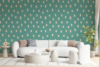 Soft teal wallpaper with beige dot forms in a playful mid mod repeat, GD8719