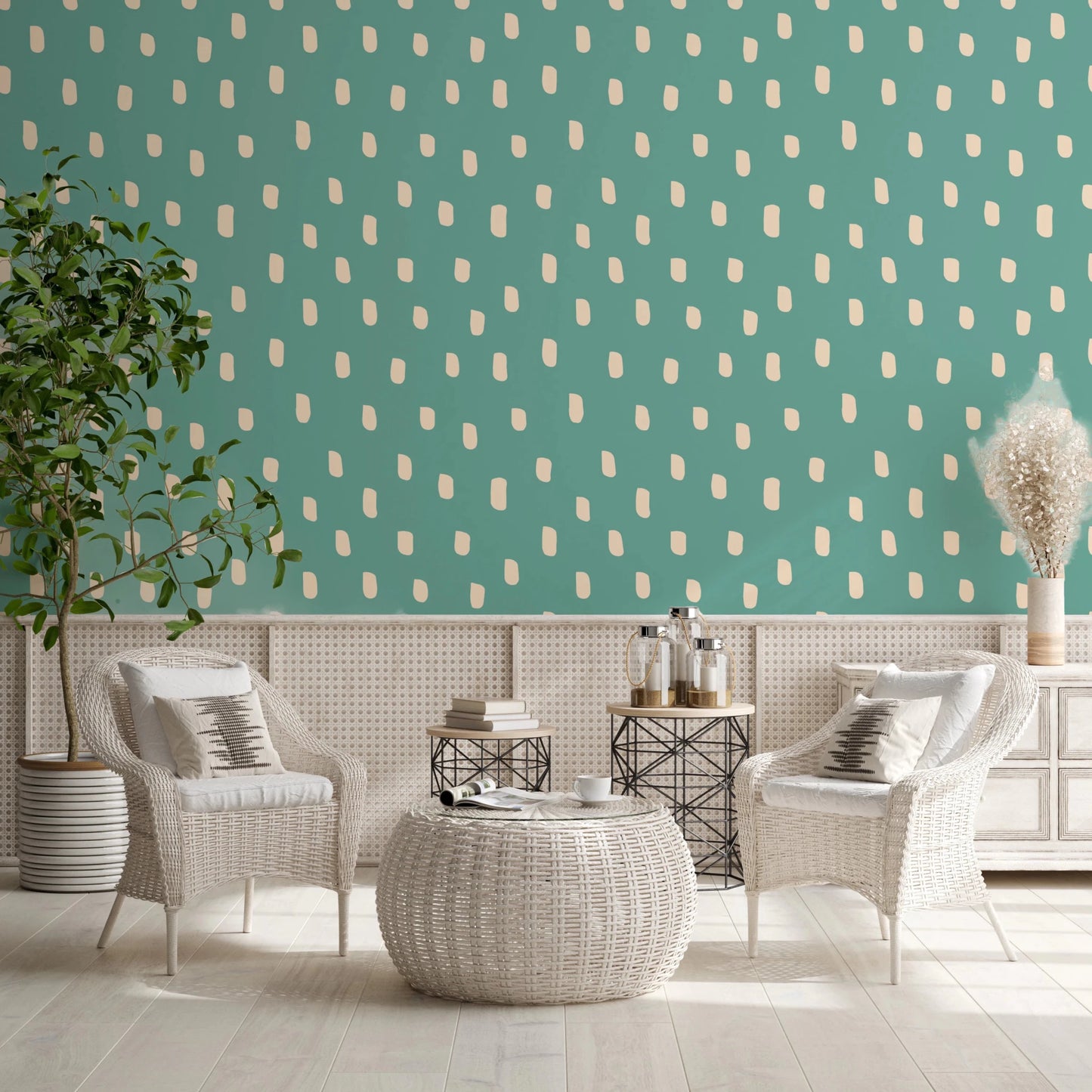 Retro-inspired wallpaper with beige marks set across a smooth teal ground, GD8719