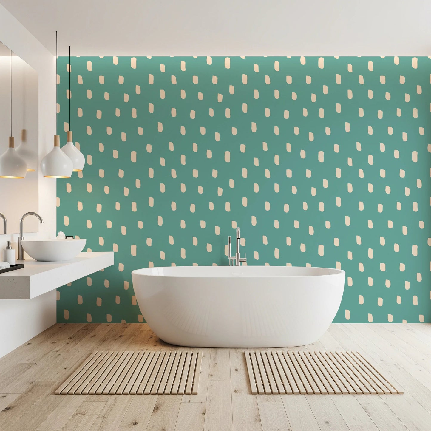 Mid mod teal wallpaper featuring scattered organic dots in warm beige, GD8719