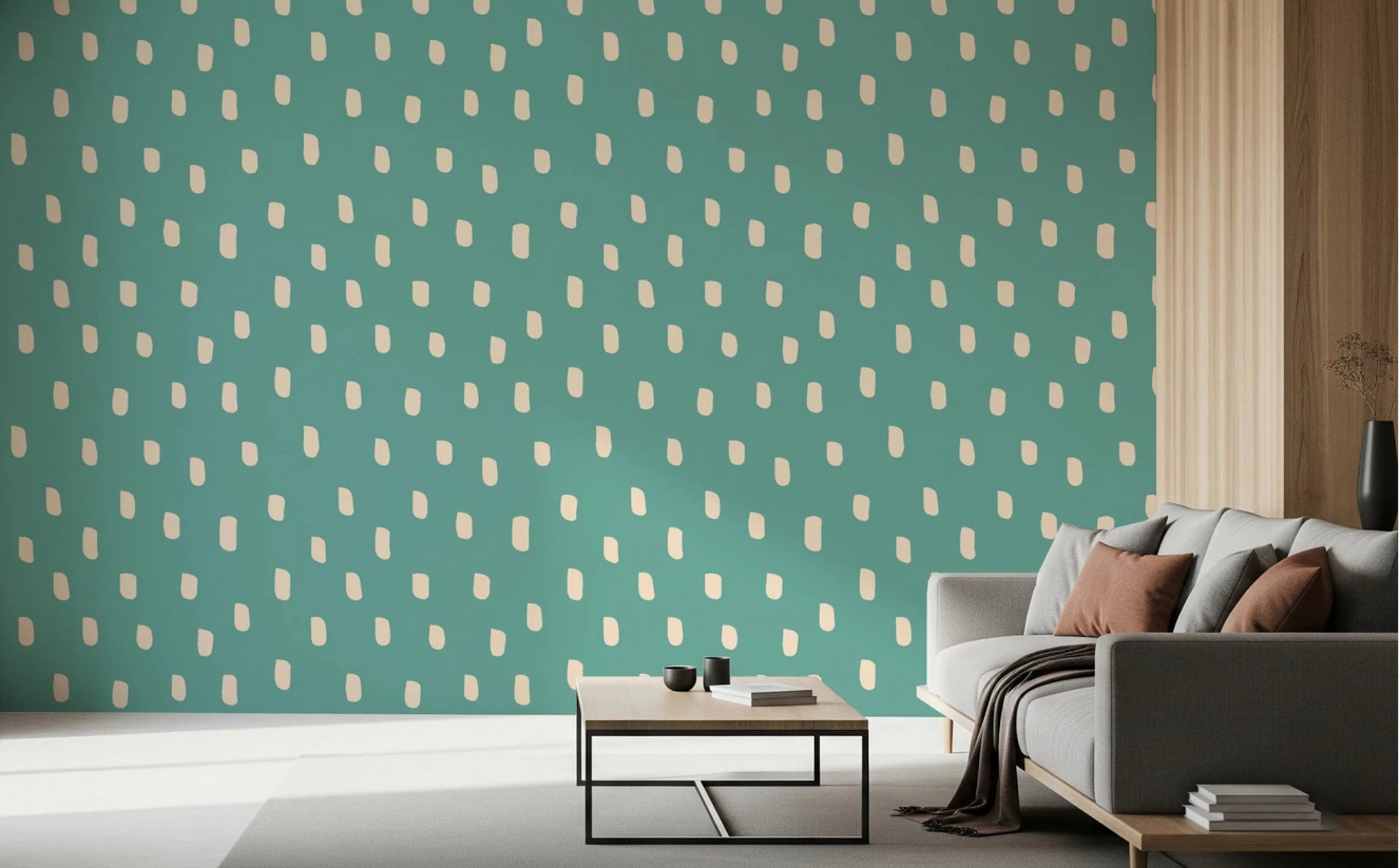 Mid Mod Wildflower Dots wallpaper brightening a hallway in teal beige
