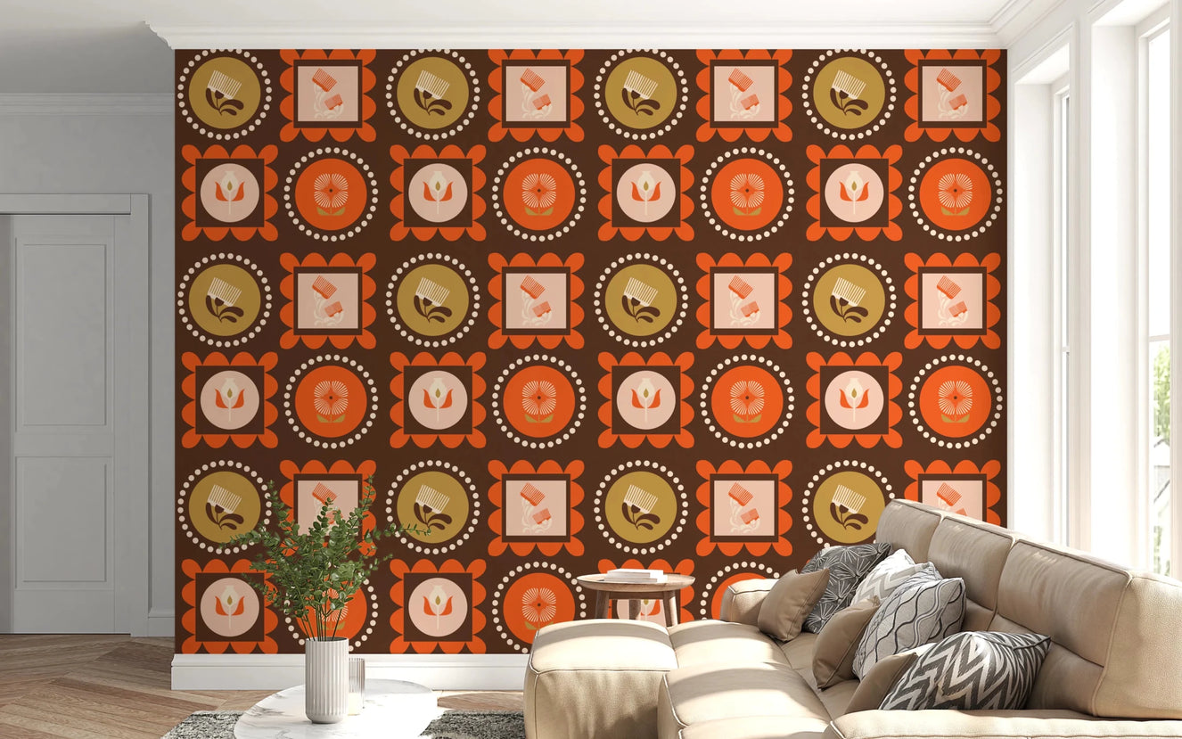 Living room with Mid Mod Wildflower Frames Wallpaper in chocolate terracotta
