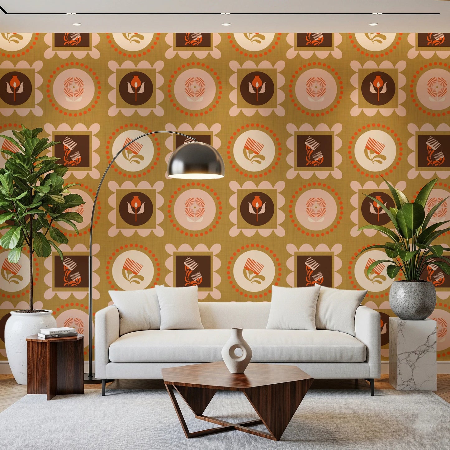 Botanical Collage Cream Terracotta Wallpaper with framed floral icon panels