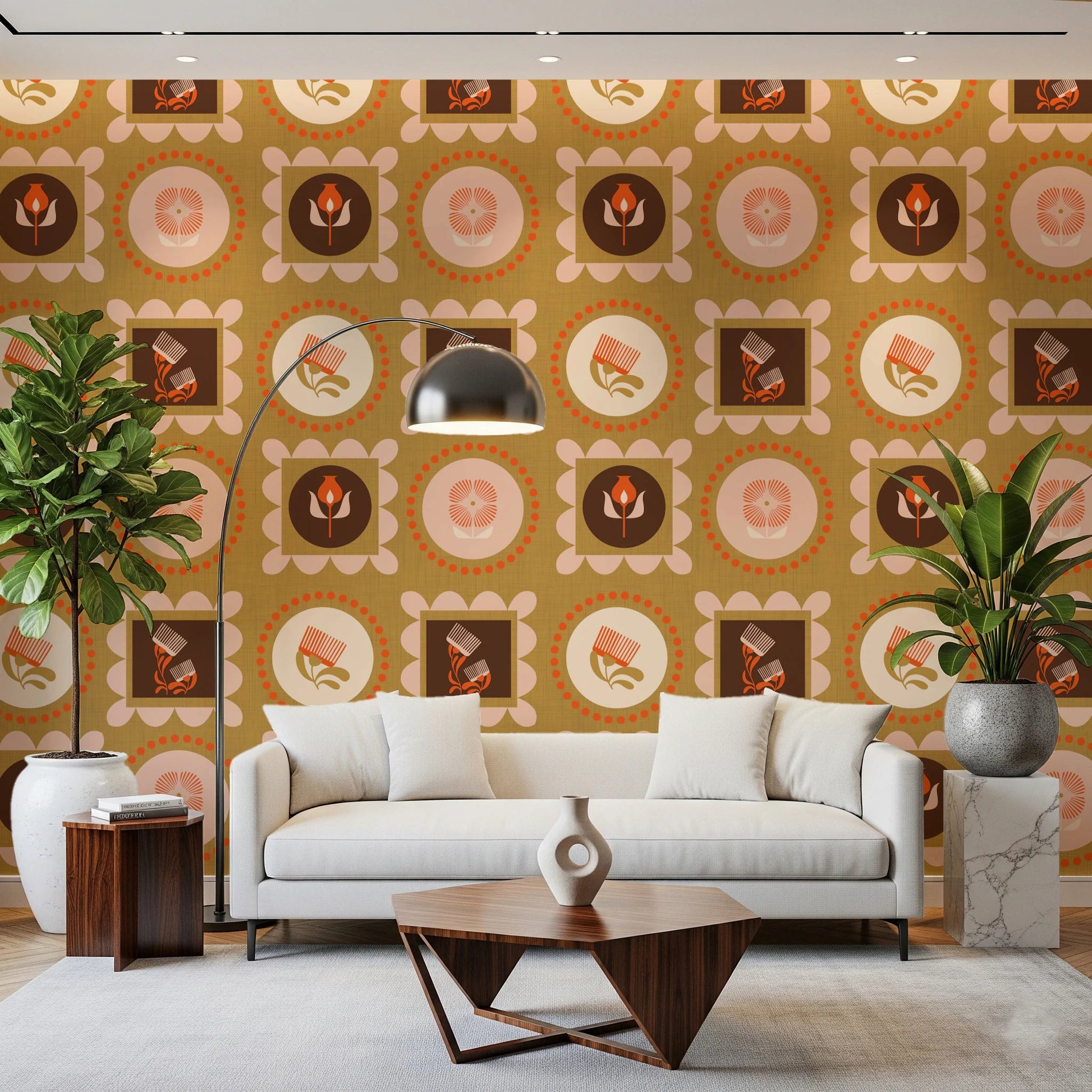 Botanical Collage Cream Terracotta Wallpaper with framed floral icon panels