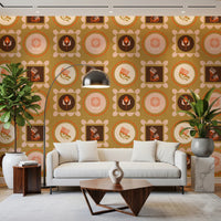 Botanical Collage Cream Terracotta Wallpaper with framed floral icon panels