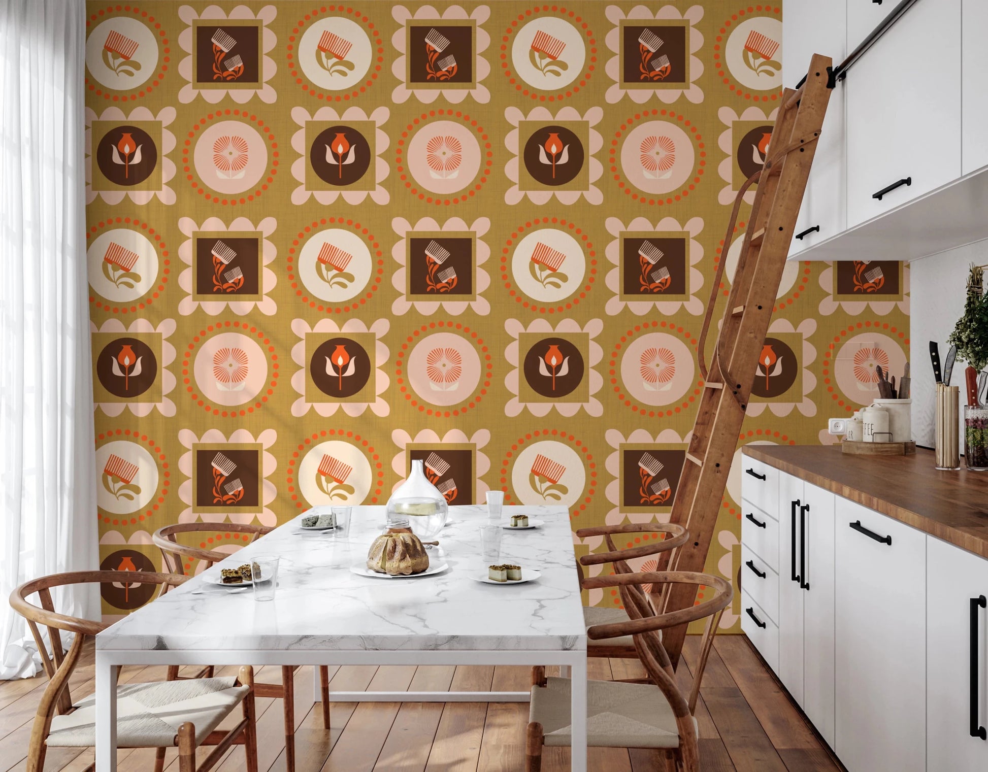 Kitchen area using Cream Terracotta Wallpaper with retro floral frame blocks