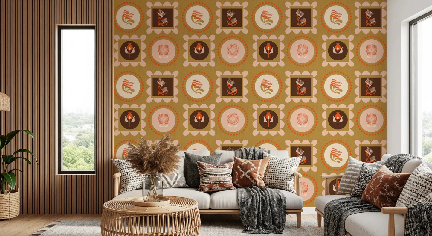 Mid Mod Botanical Wallpaper on a textured ground with framed bloom details