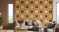 Mid Mod Botanical Wallpaper on a textured ground with framed bloom details