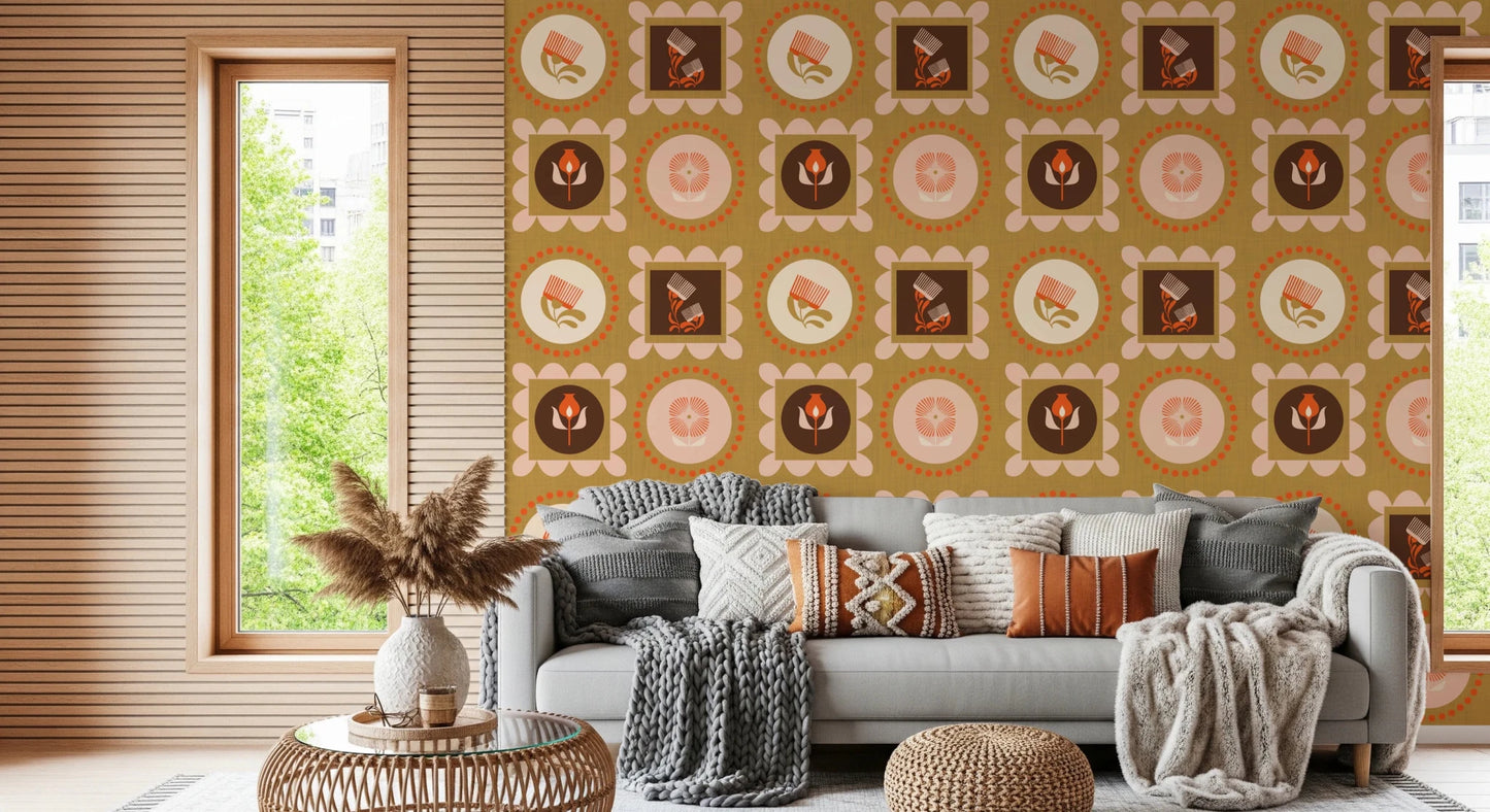 Hallway wall showing Mid Mod Wildflower Frames Wallpaper in warm graphic style