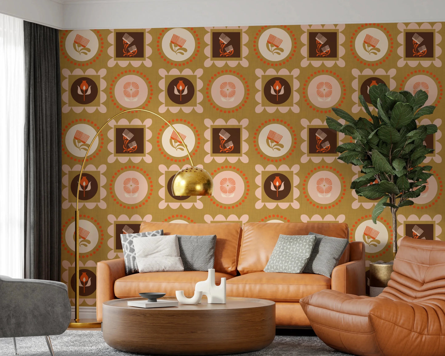 Retro Mid Mod Wallpaper with cream petals and terracotta flower symbols