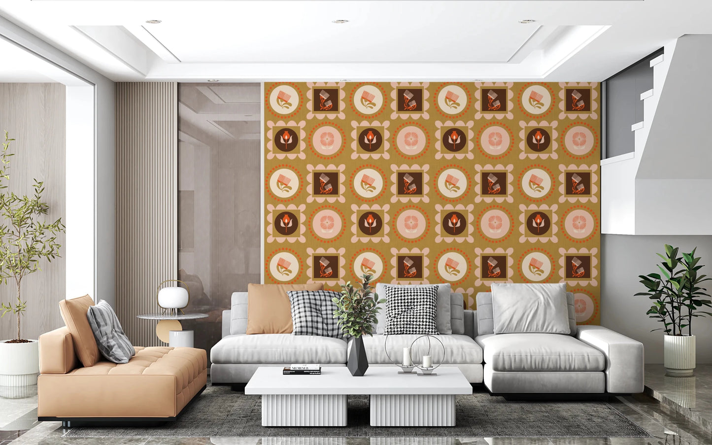 Cream Terracotta Wallpaper with circular floral motifs and petal borders