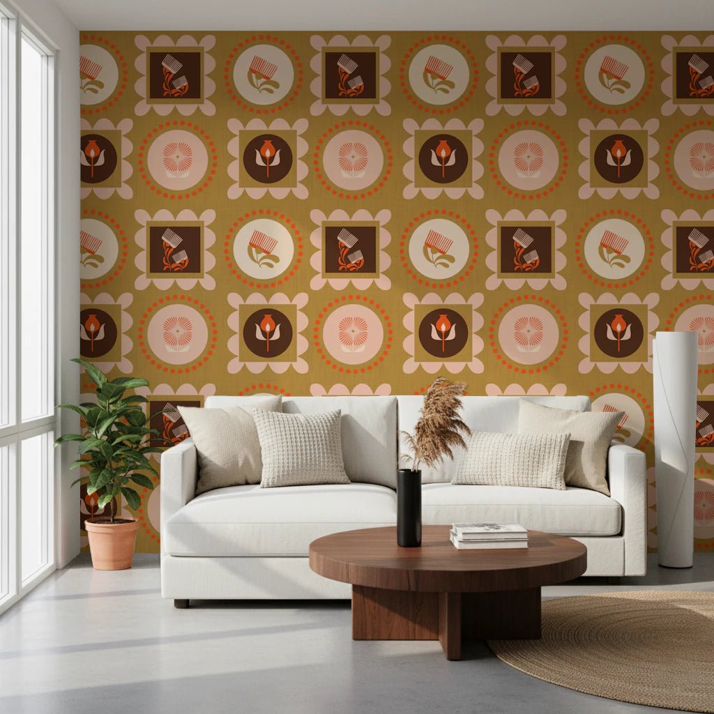 Botanical Collage Wallpaper featuring cream shapes and terracotta accents