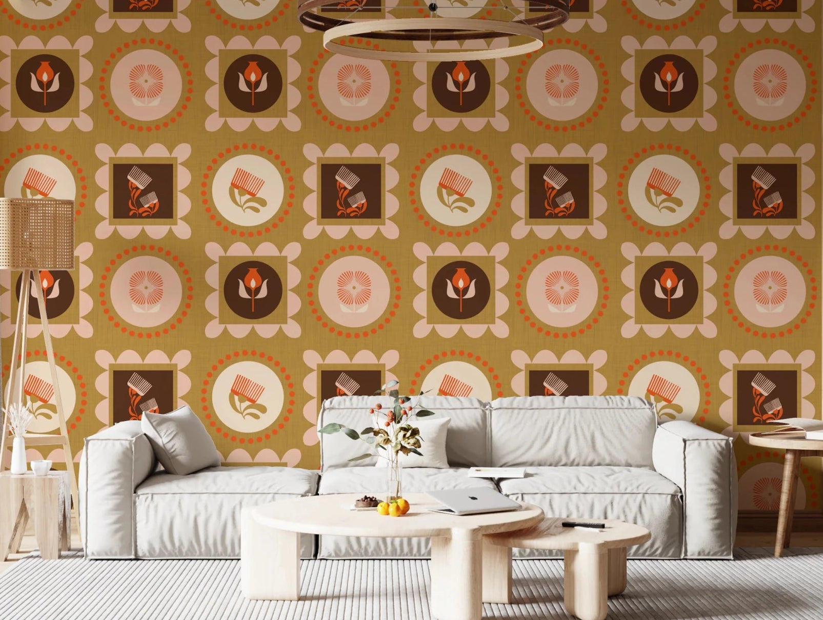 Mid Mod Wildflower Frames Wallpaper in a living room with cream terracotta tones, GD8732